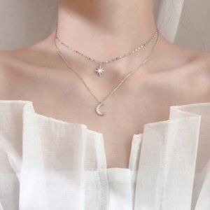 925 Sterling Silver Diamond Moon Star Necklace K